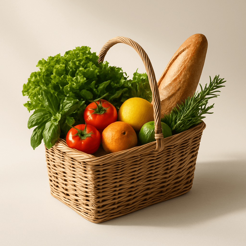 A basket overflowing with fresh local groceries